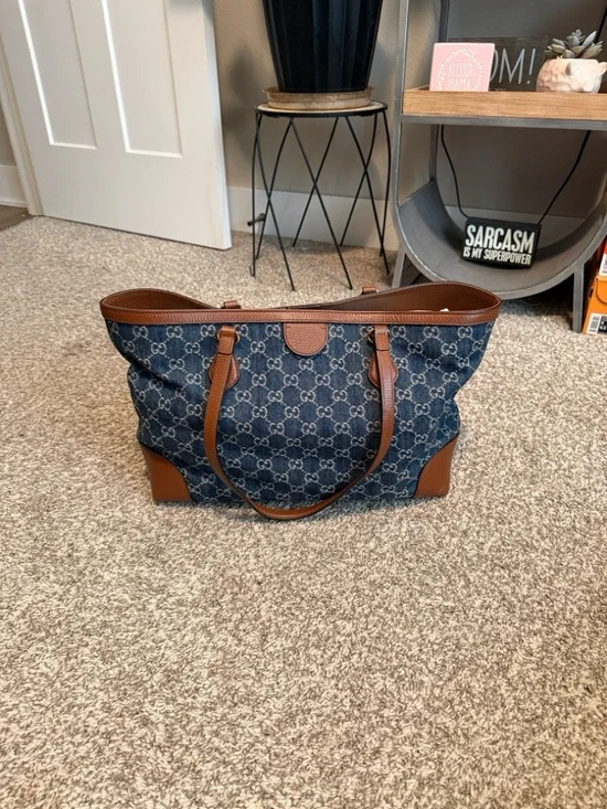 Gucci Blue Denim GG Monogram Tote with Brown Leather Trim - Picture 3 of 5